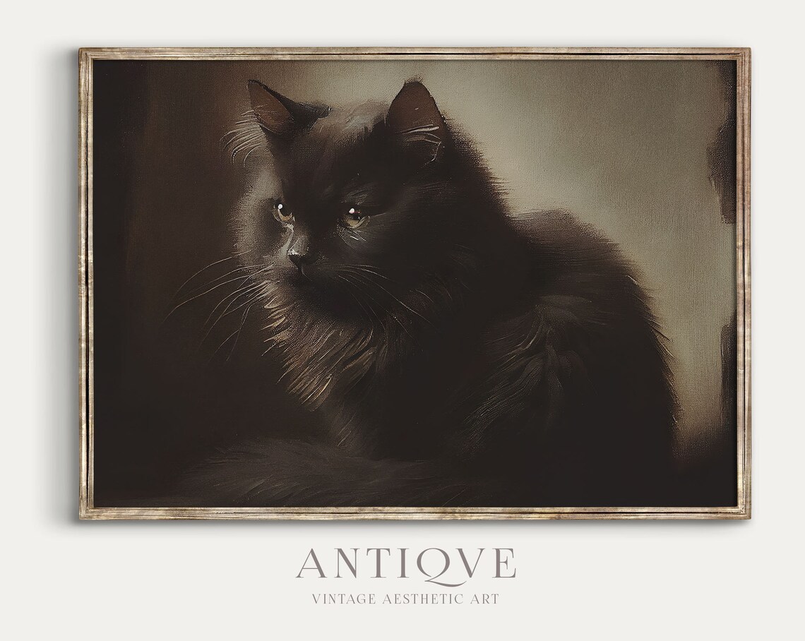 Moody Black Cat Oil Painting Print, Antique Art