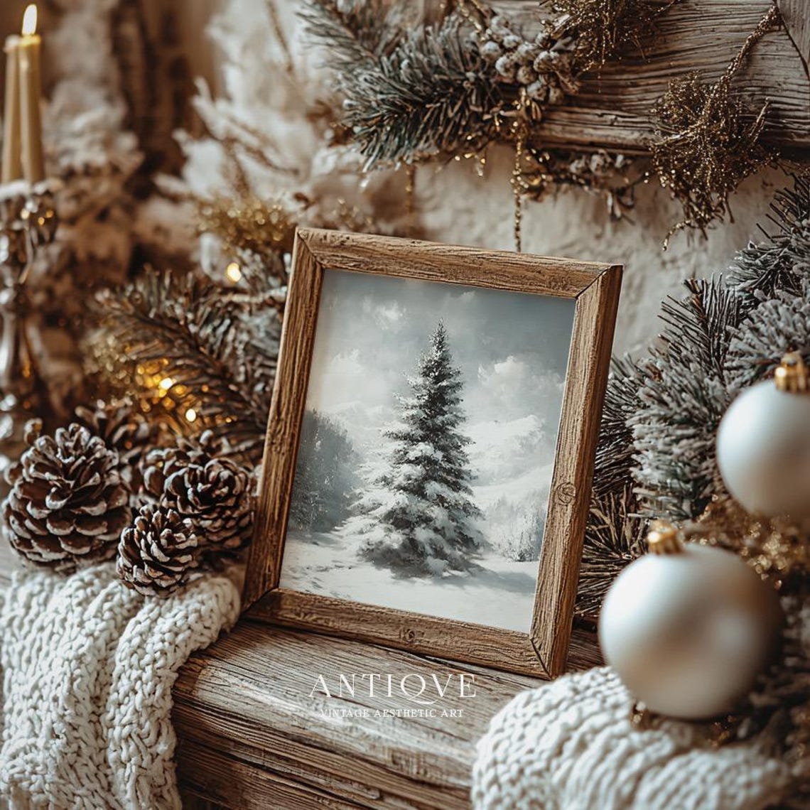Snow Covered Pine Tree In Winter Mountains Landscape Art Poster - Image 2