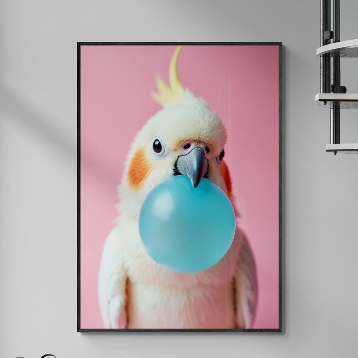 Cockatiel Blowing Blue Bubblegum Bubble on Pink Background Poster