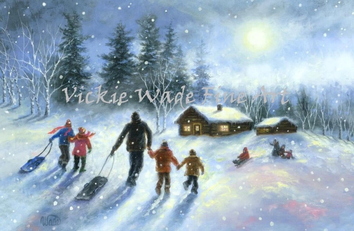 Children Sledding by Snowy Cabin in Winter Wonderland Art Poster