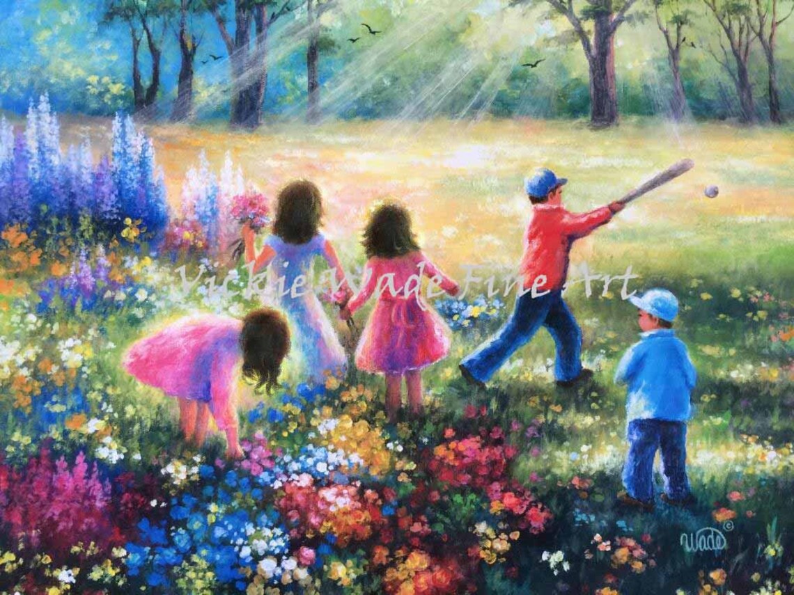 Five Happy Children Playing Baseball In The Flower Garden Art Poster