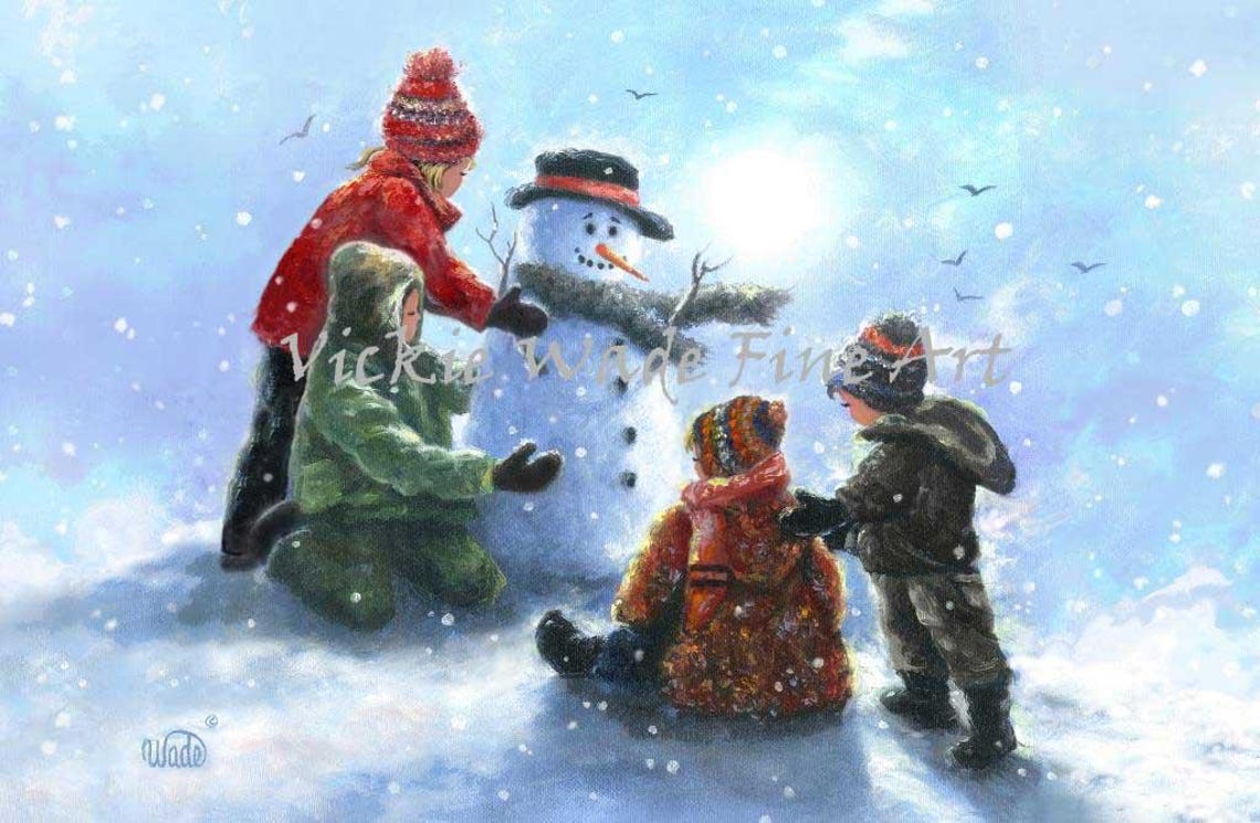 Four Kids Building a Snowman Together in Falling Winter Snow Poster