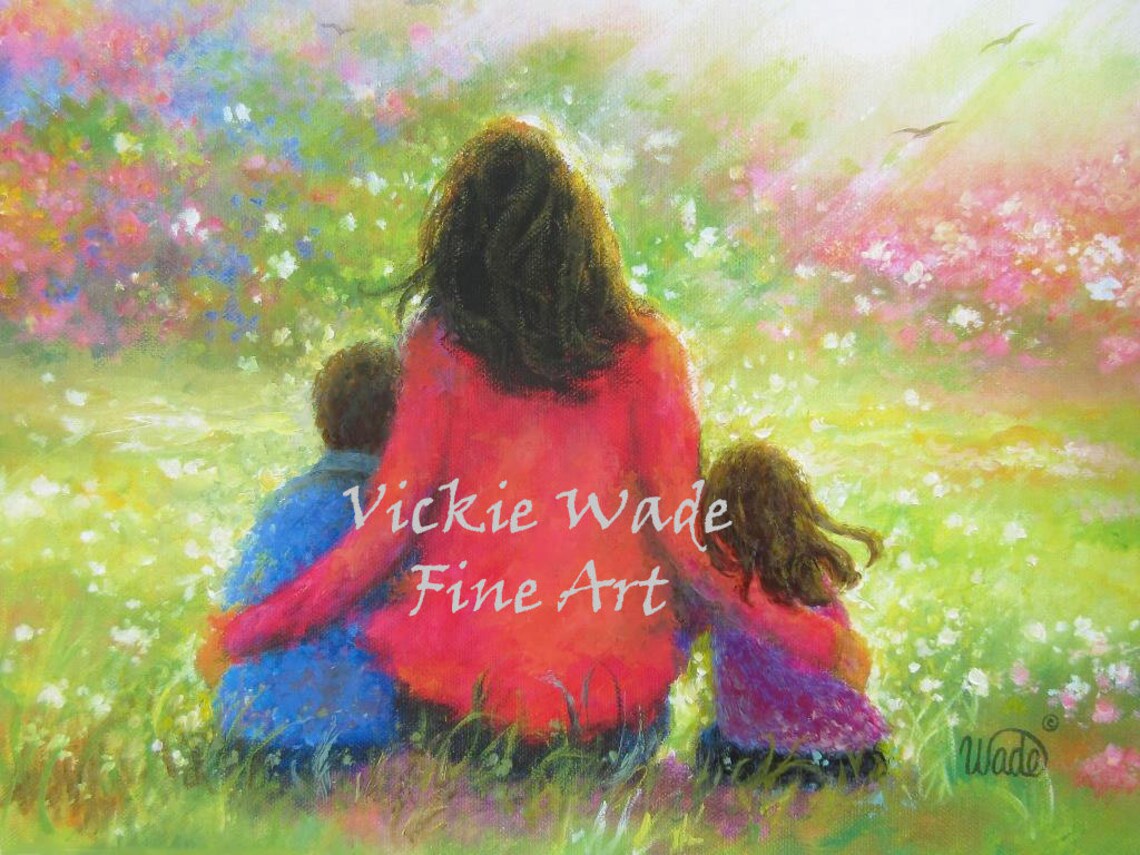 Mother with Son and Daughter Sitting in a Sunny Flower Garden Poster