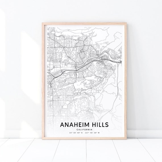 Anaheim Hills Map Print Usa Art Poster City Street Road Black White Modern Wall Office Decor