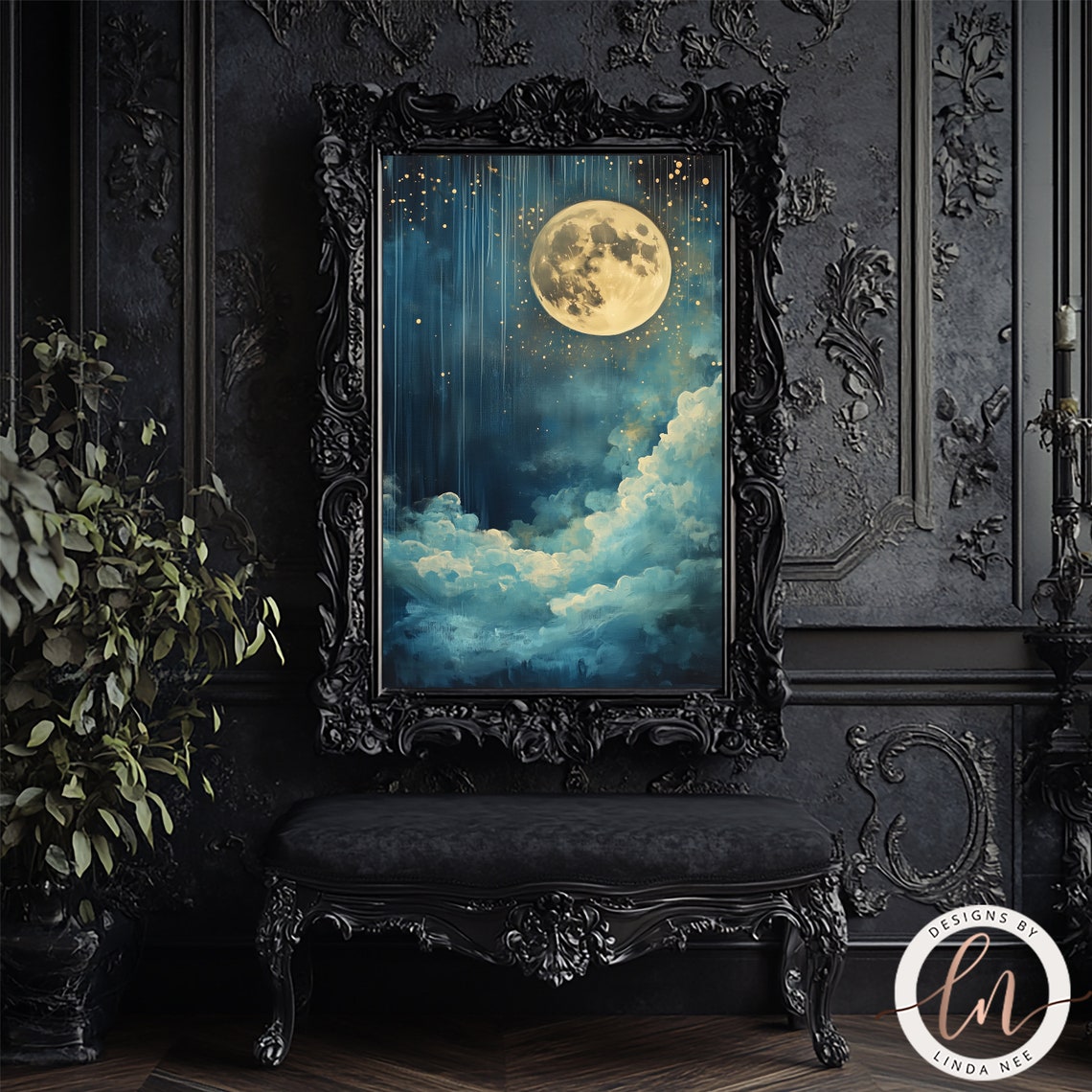 Celestial Golden Full Moon Clouds Teal Starry Night Sky Dreamy Poster - Image 4