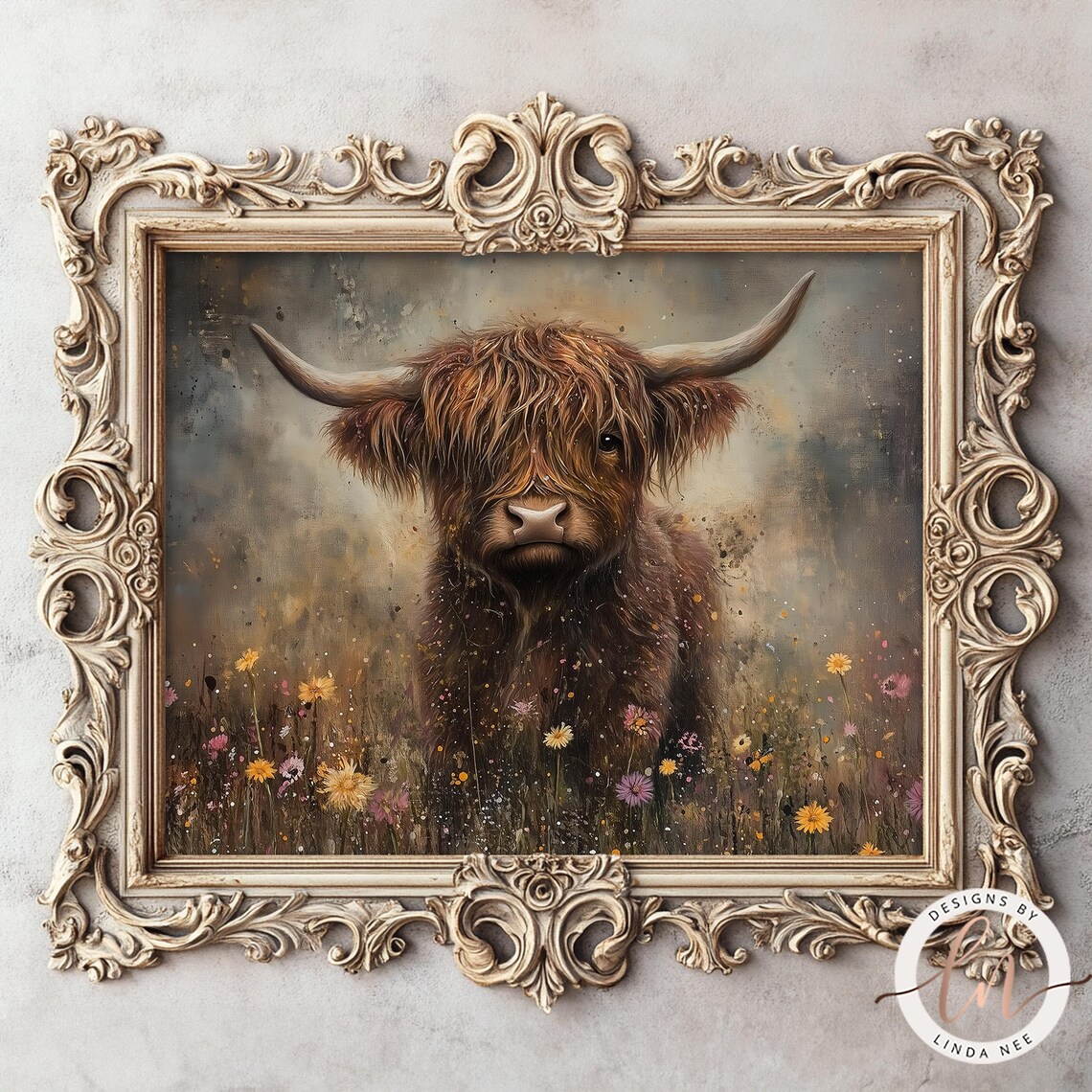 Scottish Highland Cow in Wildflowers, Vintage Art Print - Image 2