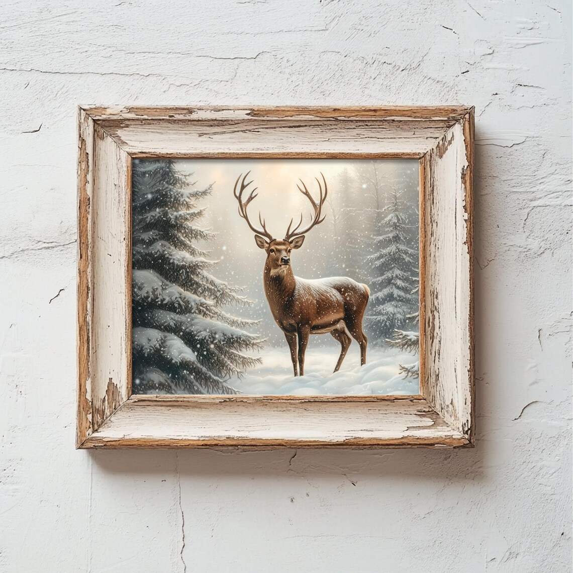 Snowy Forest Deer Christmas Art Print, Rustic Holiday - Image 2