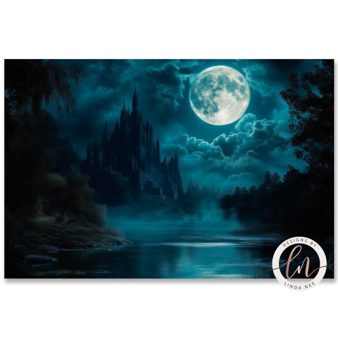 Gothic Castle Full Moon Night Lake Reflection Spooky Dark Fantasy Poster - Image 4