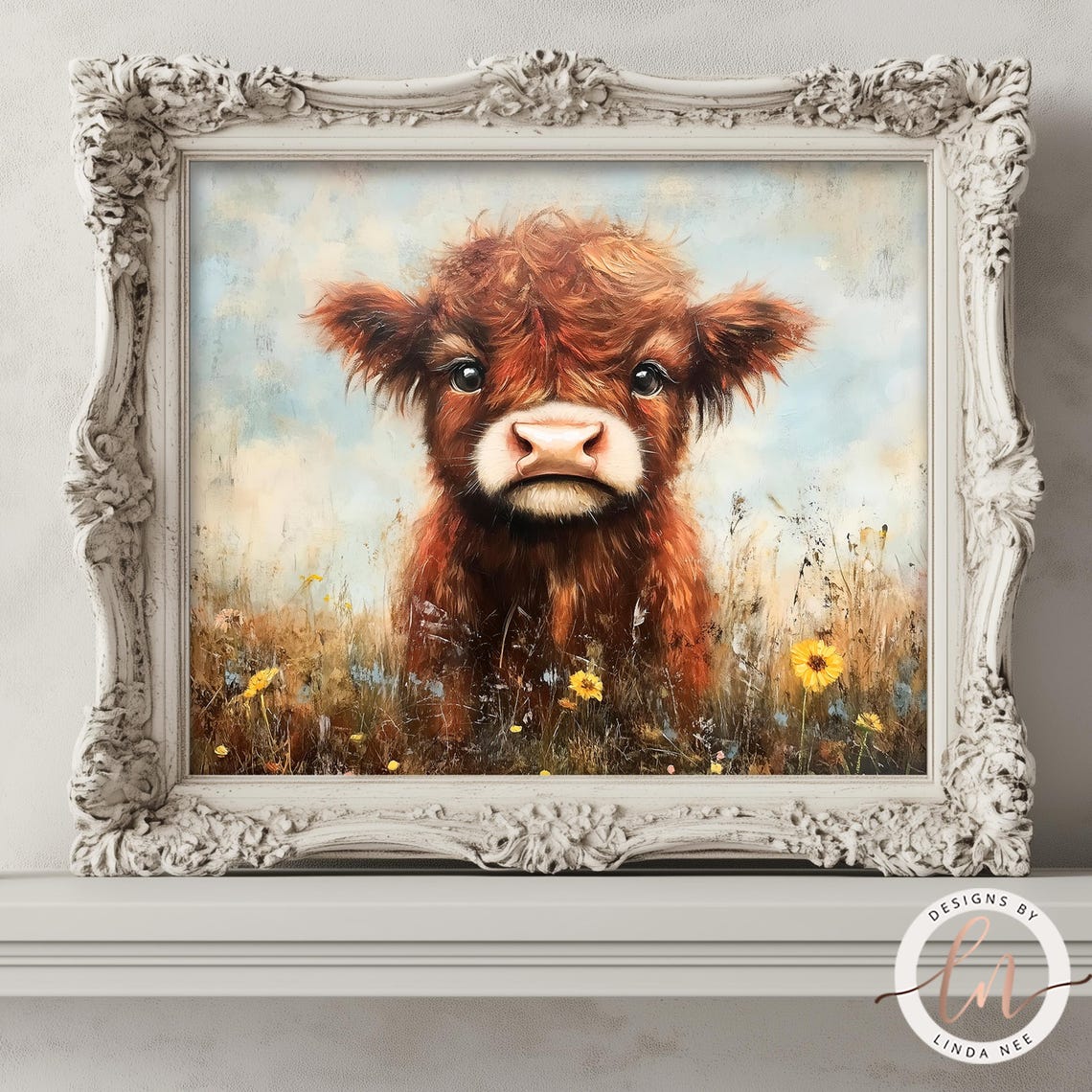 Rustic Farmhouse Highland Cow In Wildflowers Oil Painting Vintage Cow Print Country Nursery Decor Antique Wildflowers Landscape 6 Spr018