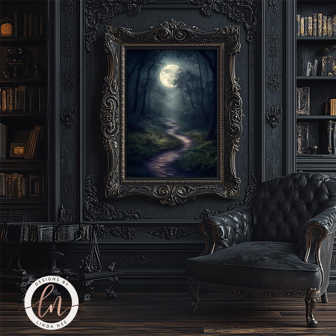 Full Moon Misty Forest Path Night Dark Moody Woodland Wall Art Poster - Image 2