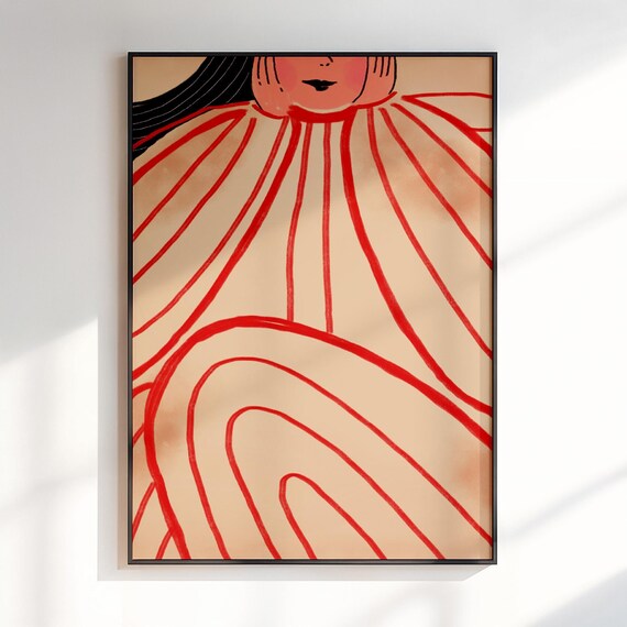Woman In Flowing Red Line Dress Abstract Line Art Portrait Poster