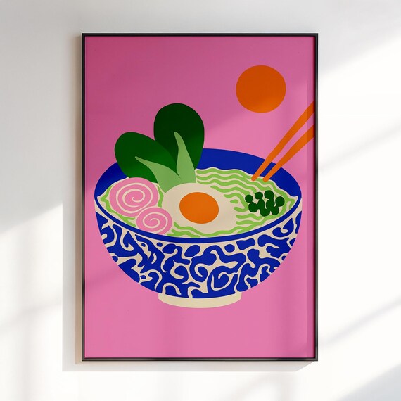 Ramen Bowl Side View Illustration Poster Pink Background Kitchen Decor