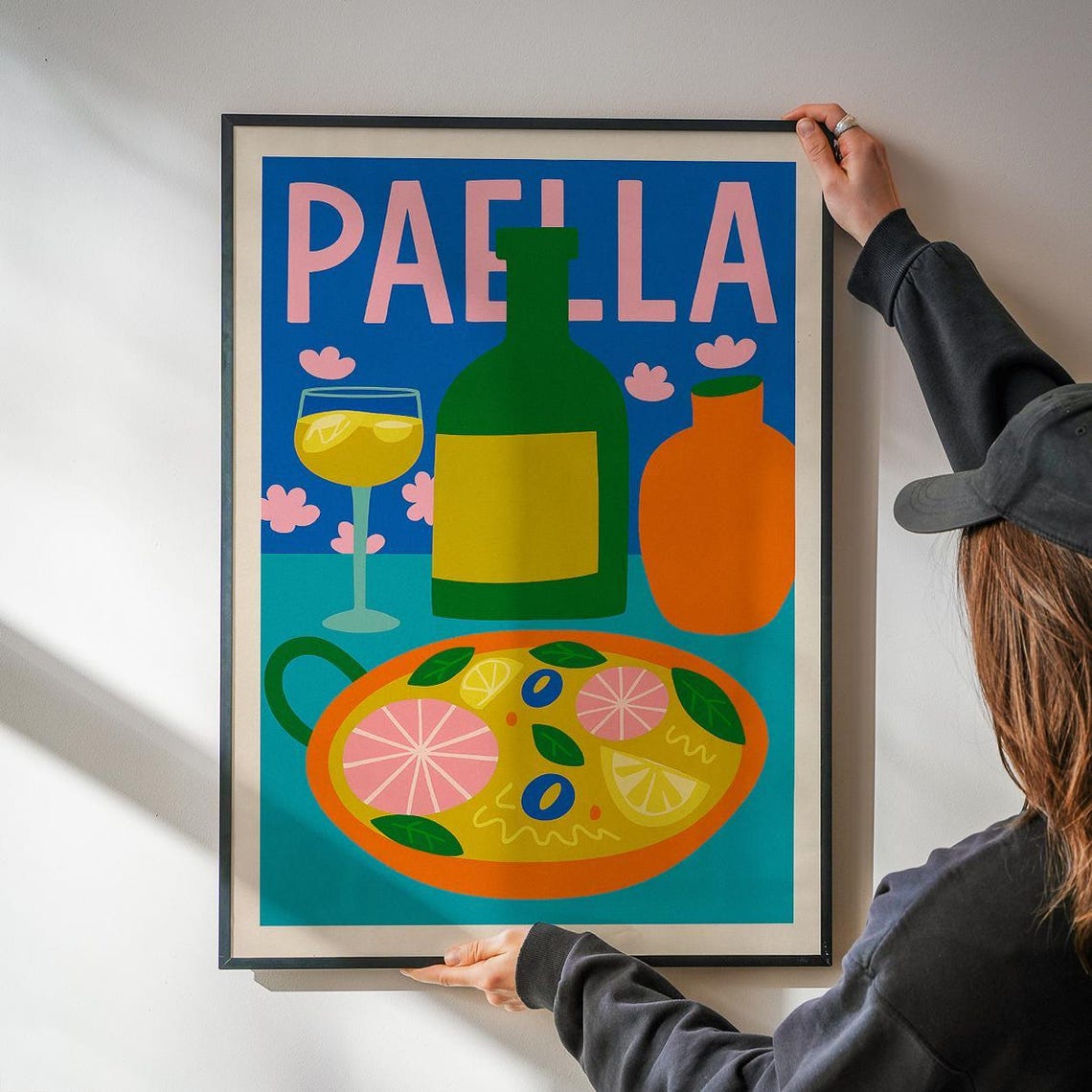 Paella Spanish Food Pop Art Kitchen Poster with Wine Bottle and Glass