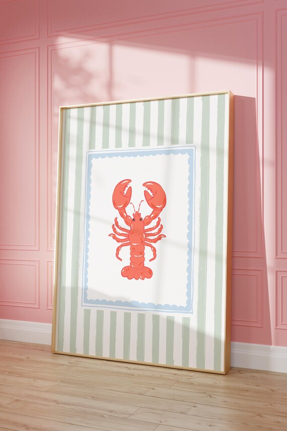 Green Striped Lobster Wall Art Coastal Preppy Beachy Print For Kitchen Dorm Or Apartment Nautical Girly Summer Decor