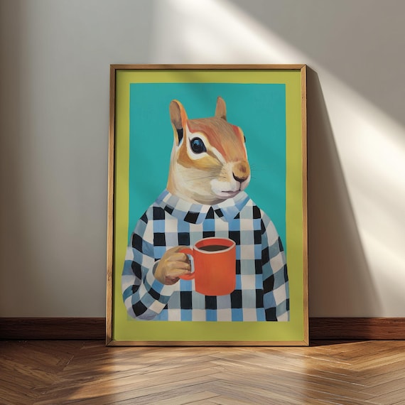 Chipmunk Coffee Break Red Mug Checkered Shirt Cute Animal Poster