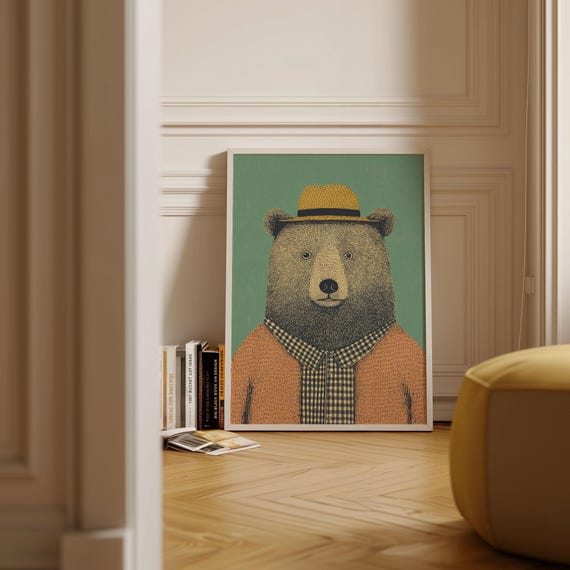 Bear In Straw Hat, Mid-Century Poster Print