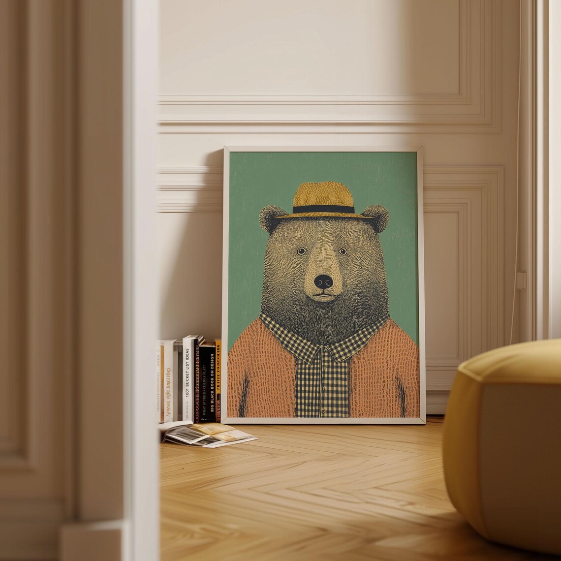Bear In Straw Hat, Mid-Century Poster Print