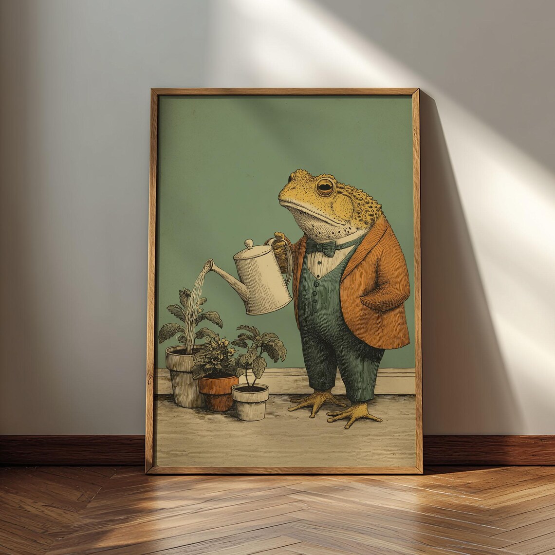 Gentleman Toad Watering Plant, Whimsical Animal Art