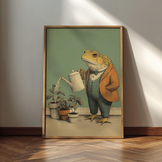 Gentleman Toad Watering Plant, Whimsical Animal Art