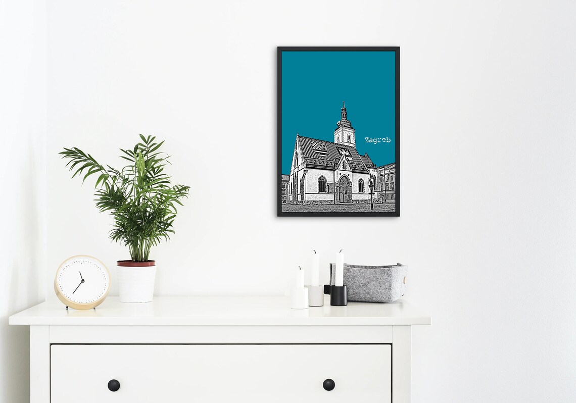 Zagreb Croatia Checkered Church Color Block Poster Custom Sky Color - Image 2