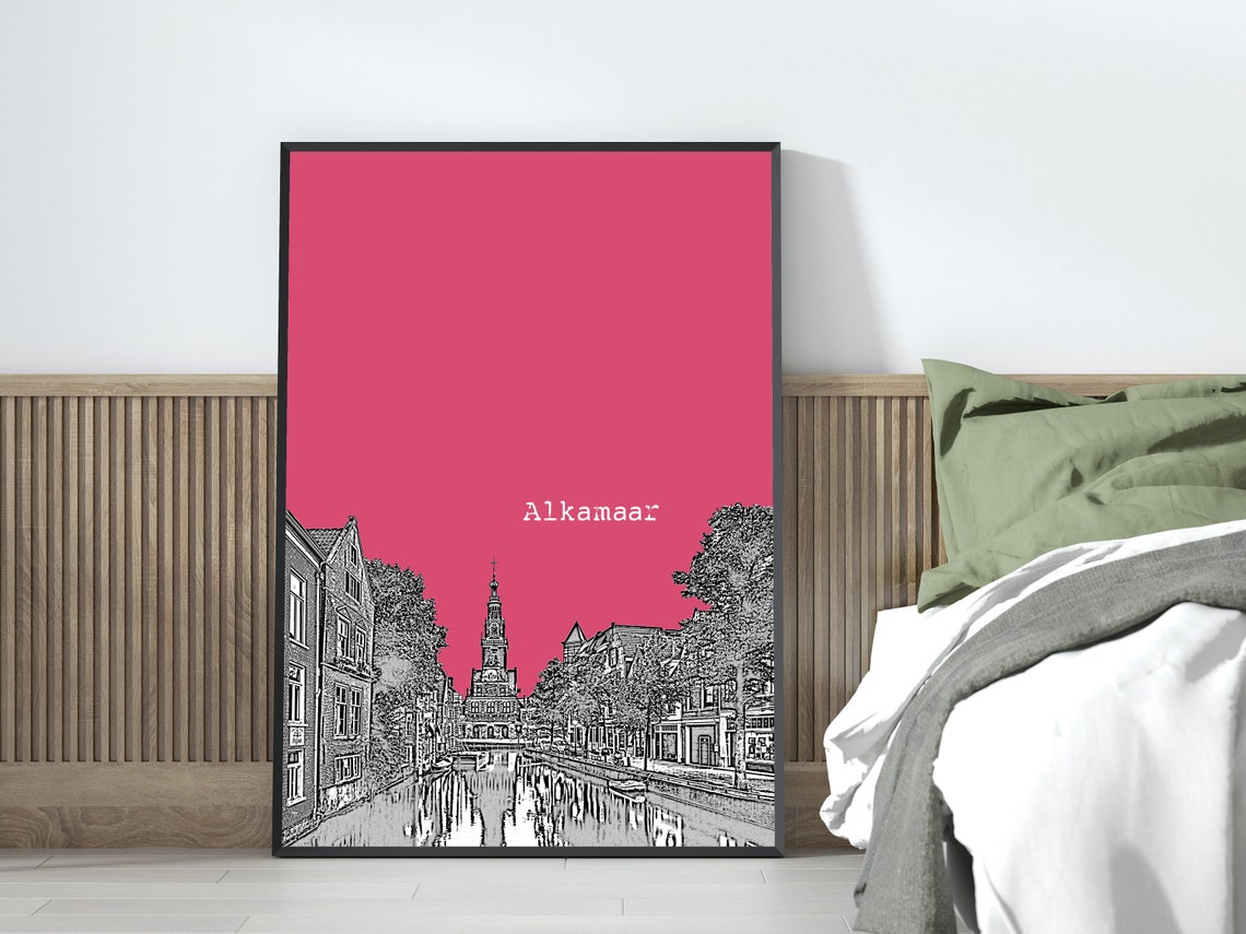 Alkamaar Pink Pop Art Dutch Canal Tower Town Sketch Print Decor - Image 3