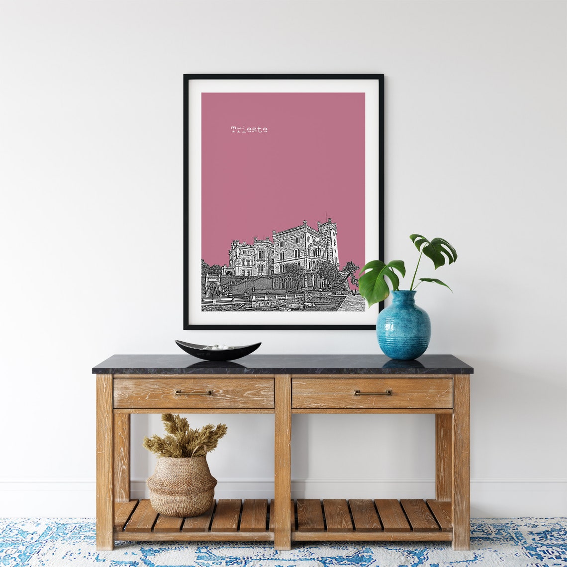 Trieste Pink Pop Art Seaside Castle On The Water Sketch Print Decor - Image 2