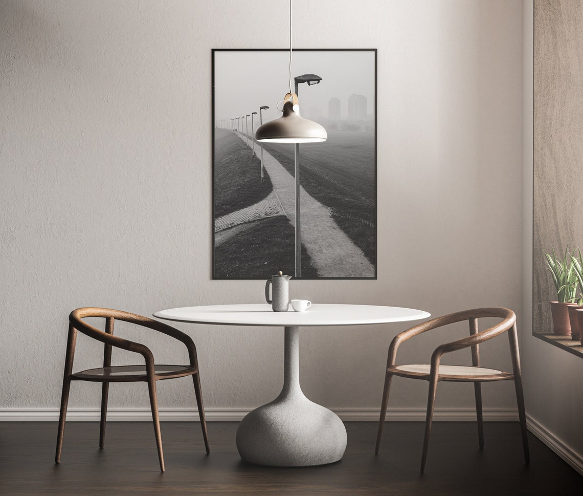 Foggy Black And White Street Lamp Path Moody Urban Photo Print Decor - Image 2