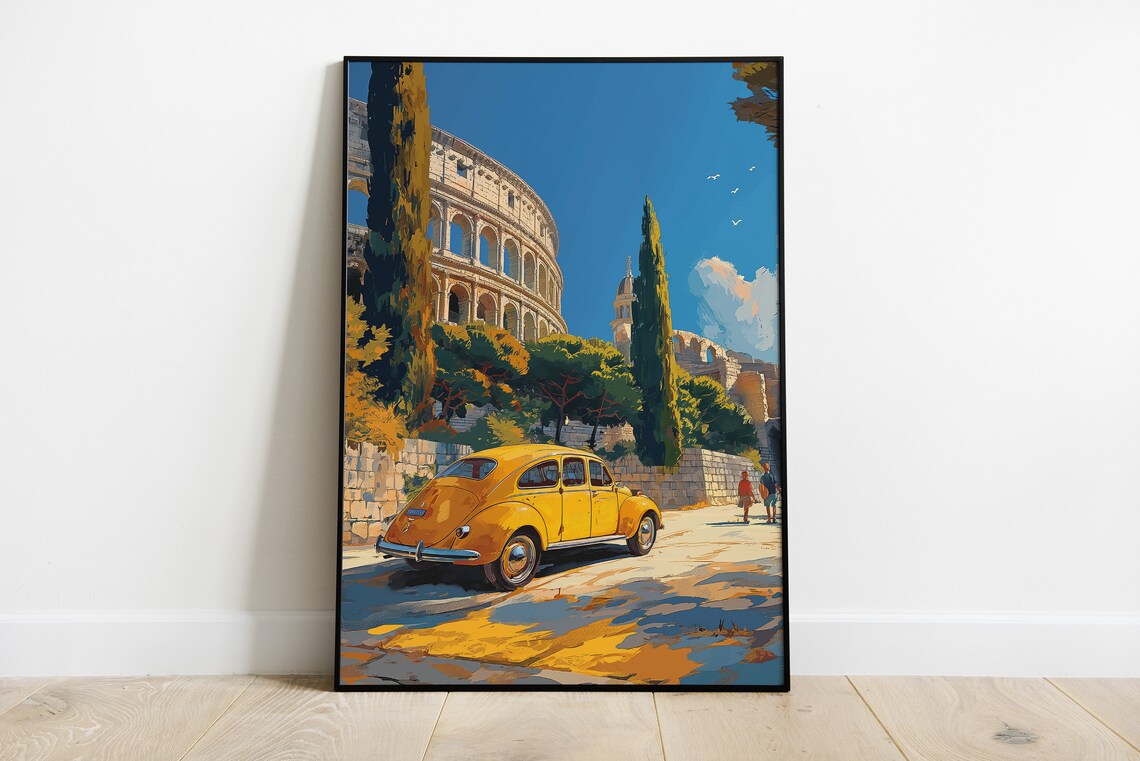 Pula Croatia Arena Amphitheater Vintage Car Illustrated Poster