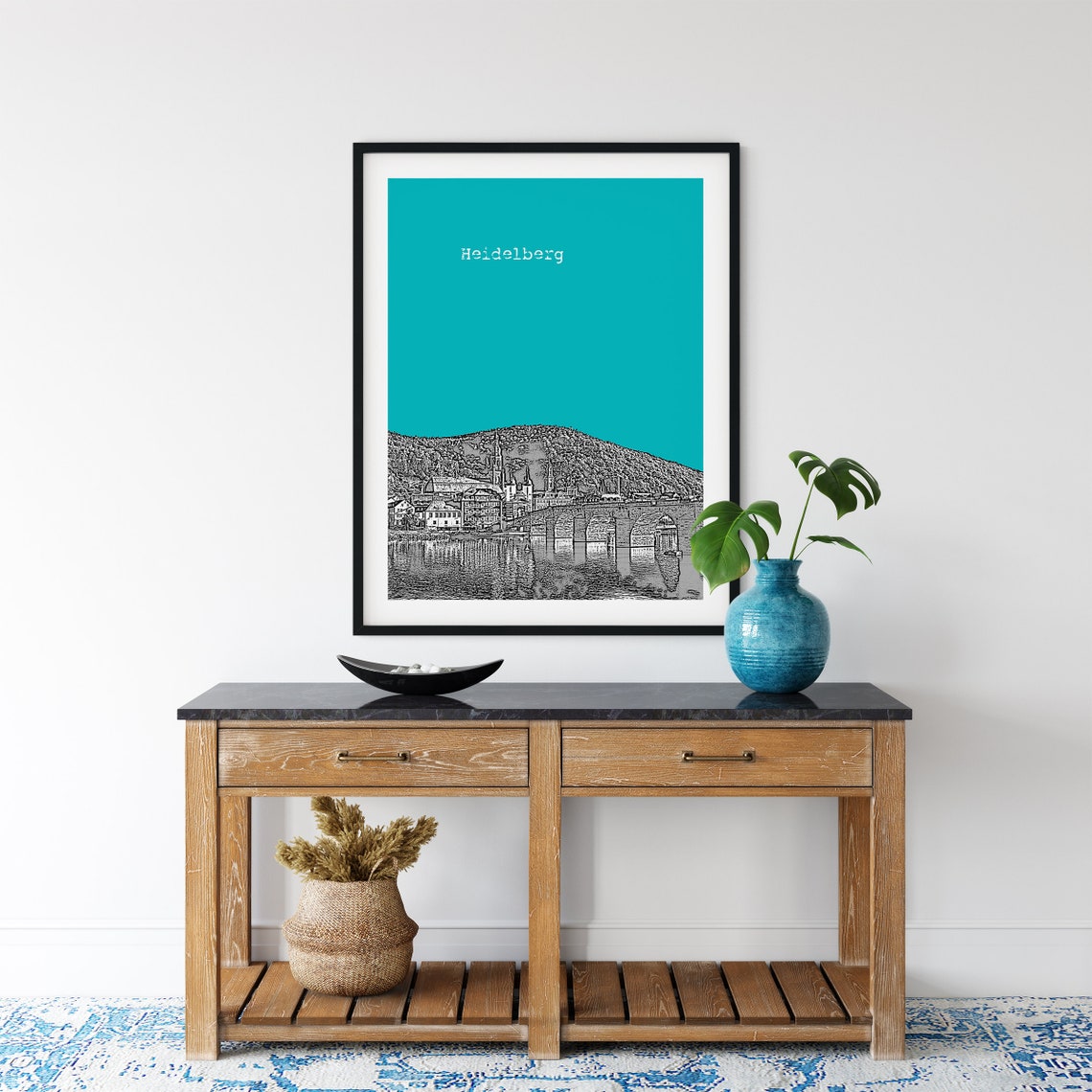 Heidelberg Teal Pop Art Old Bridge Castle Hill Sketch Print Decor - Image 2