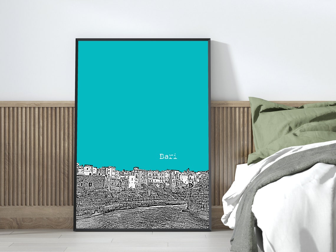 Bari Turquoise Pop Art Cliffside Old Town Sketch Print Travel Decor - Image 3