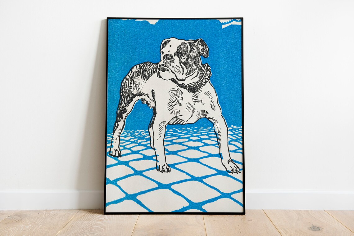 Vintage British Bulldog Dog Illustration Blue Pop Art Poster