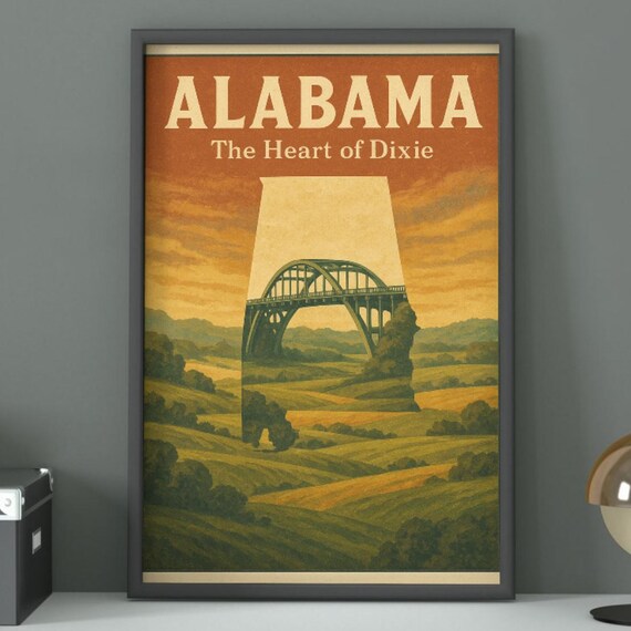 Alabama The Heart Of Dixie Rolling Hills Bridge Vintage Travel Poster