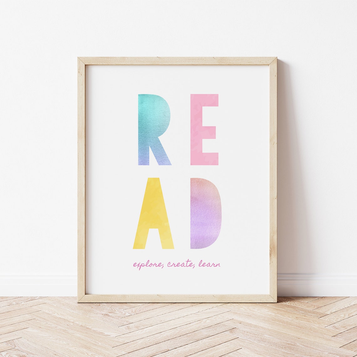READ Explore Create Learn Pastel Watercolor Letters Kids Wall Poster