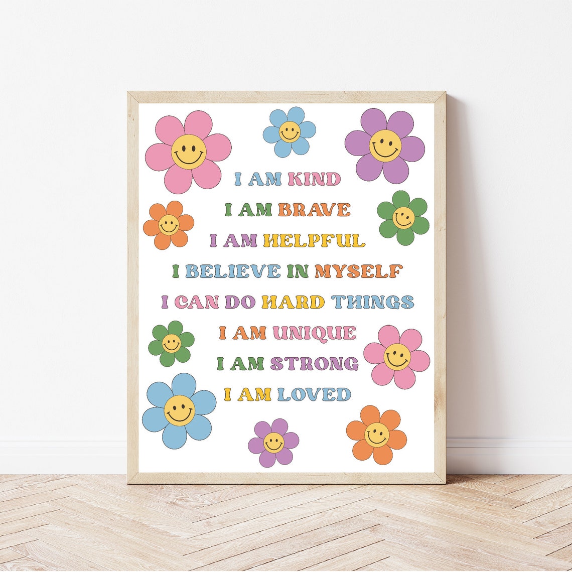Retro Affirmations Smiley Daisies Rainbow Letters Classroom Poster - Image 2