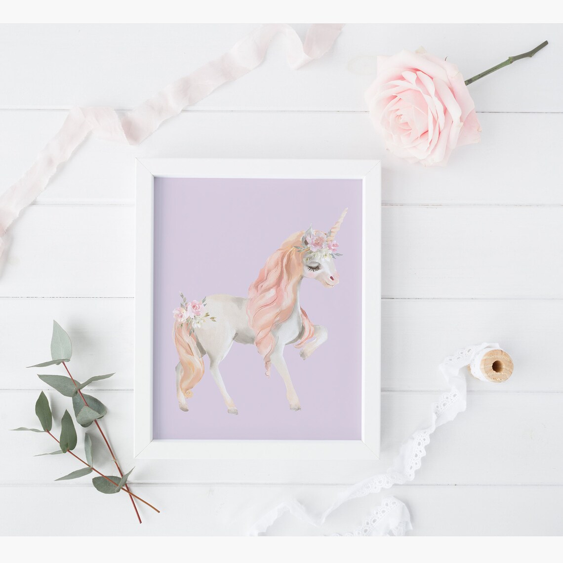 Watercolor Unicorn Peach Mane Floral Crown Purple Girls Room Poster - Image 2