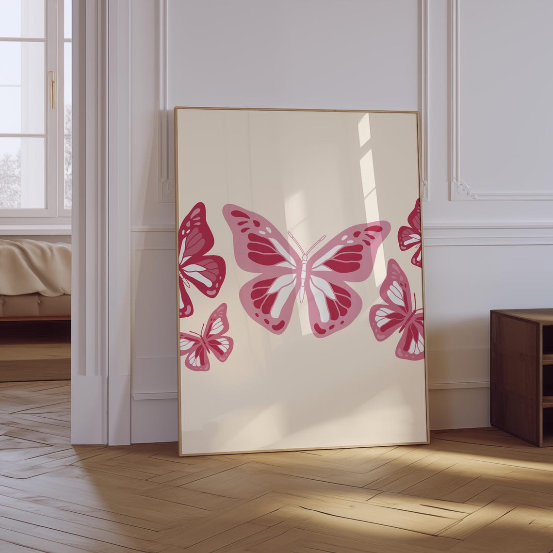 Pink Butterflies Cream Background Preppy Aesthetic Art Poster