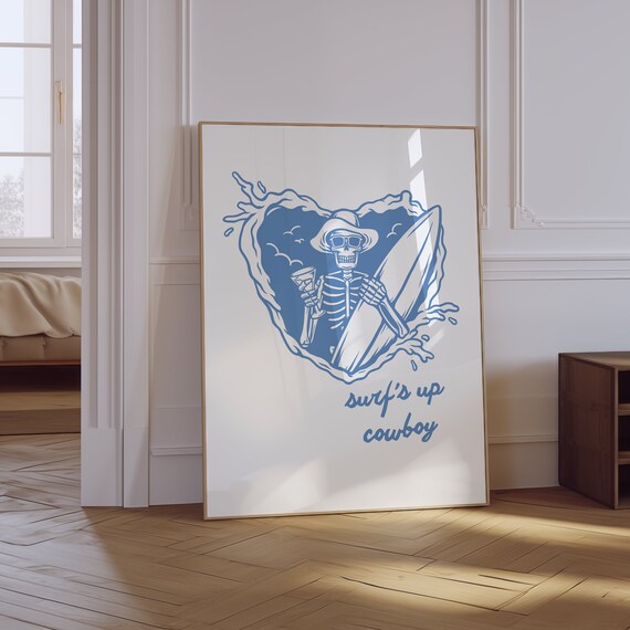 Surfs Up Cowboy Skeleton Surfer Blue Heart Coastal Art Poster