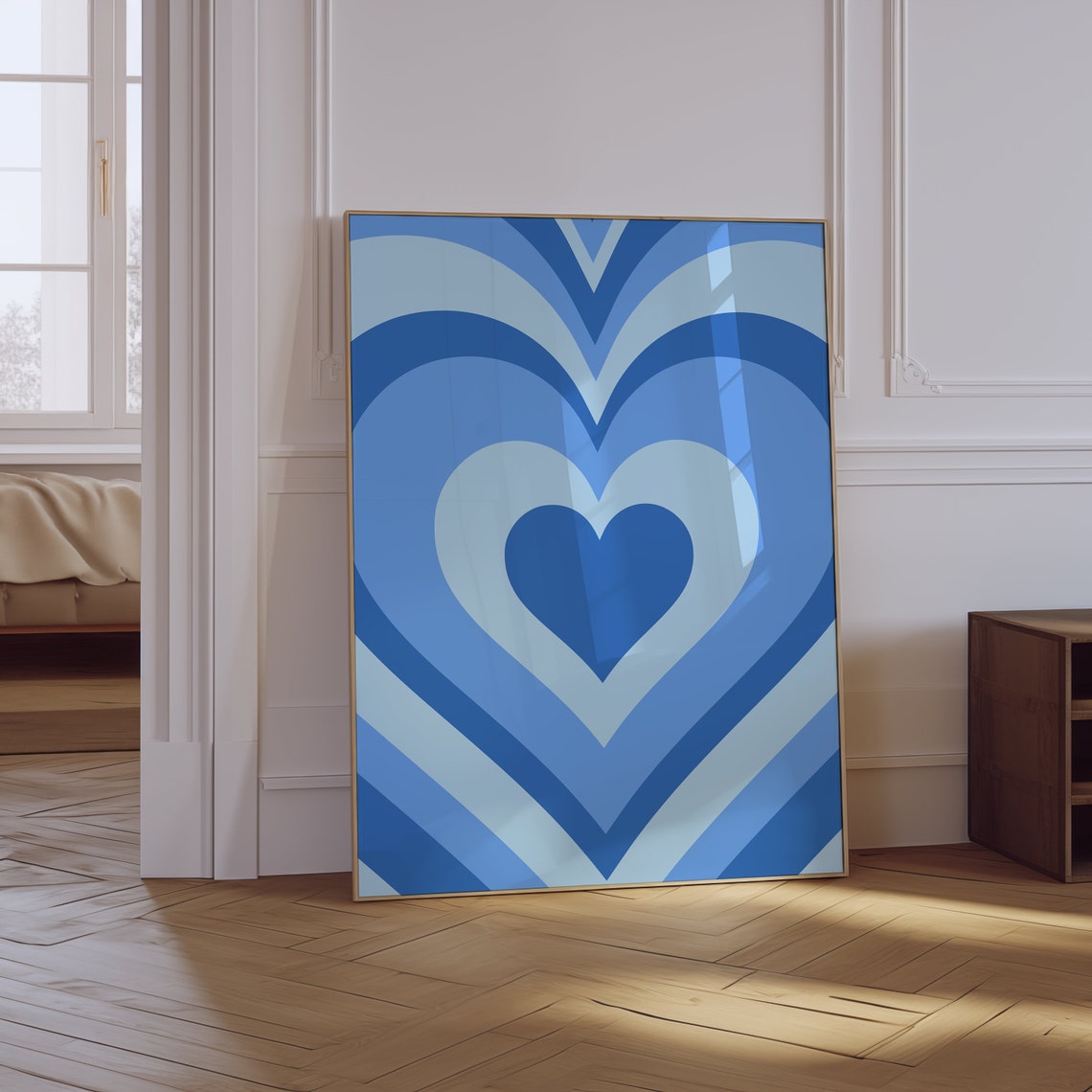 Blue Concentric Heart Retro Minimal Aesthetic Bedroom Wall Art - Image 3