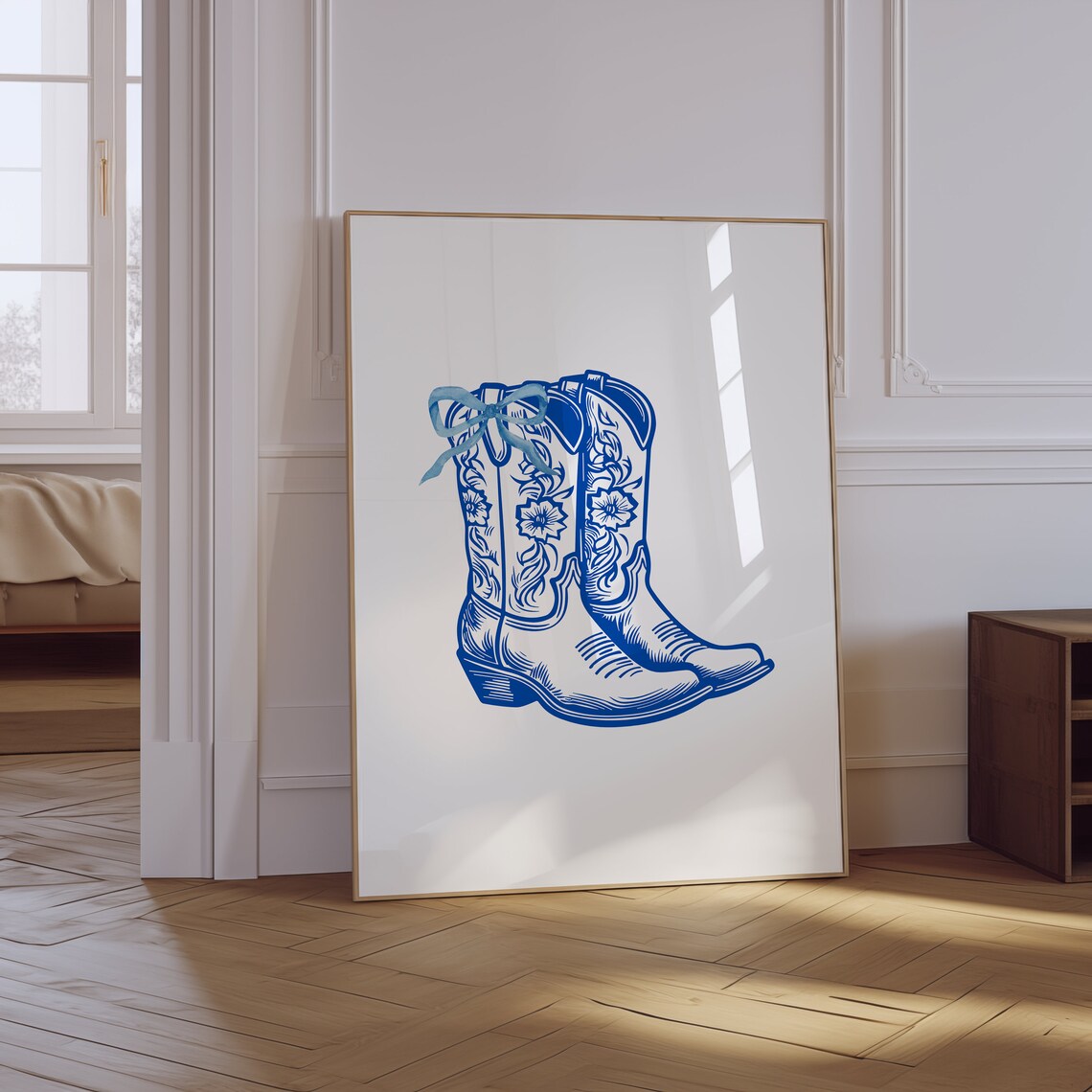 Blue Cowboy Boots Floral Stitching Ribbon Bow Western Art Poster