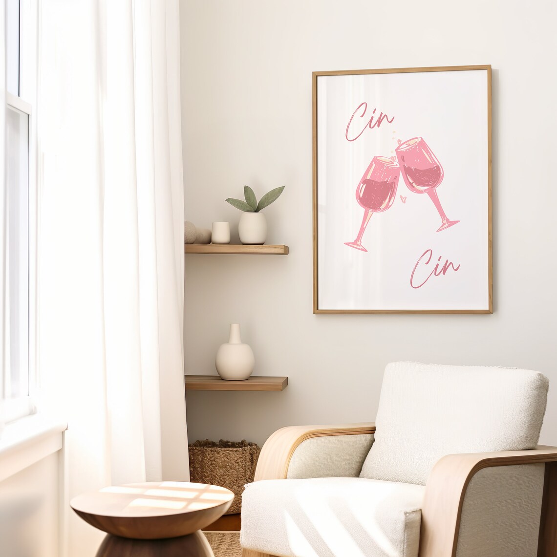 Cin Cin Pink Watercolor Wine Glasses Cheering With Heart Romantic Wall Art - Image 2