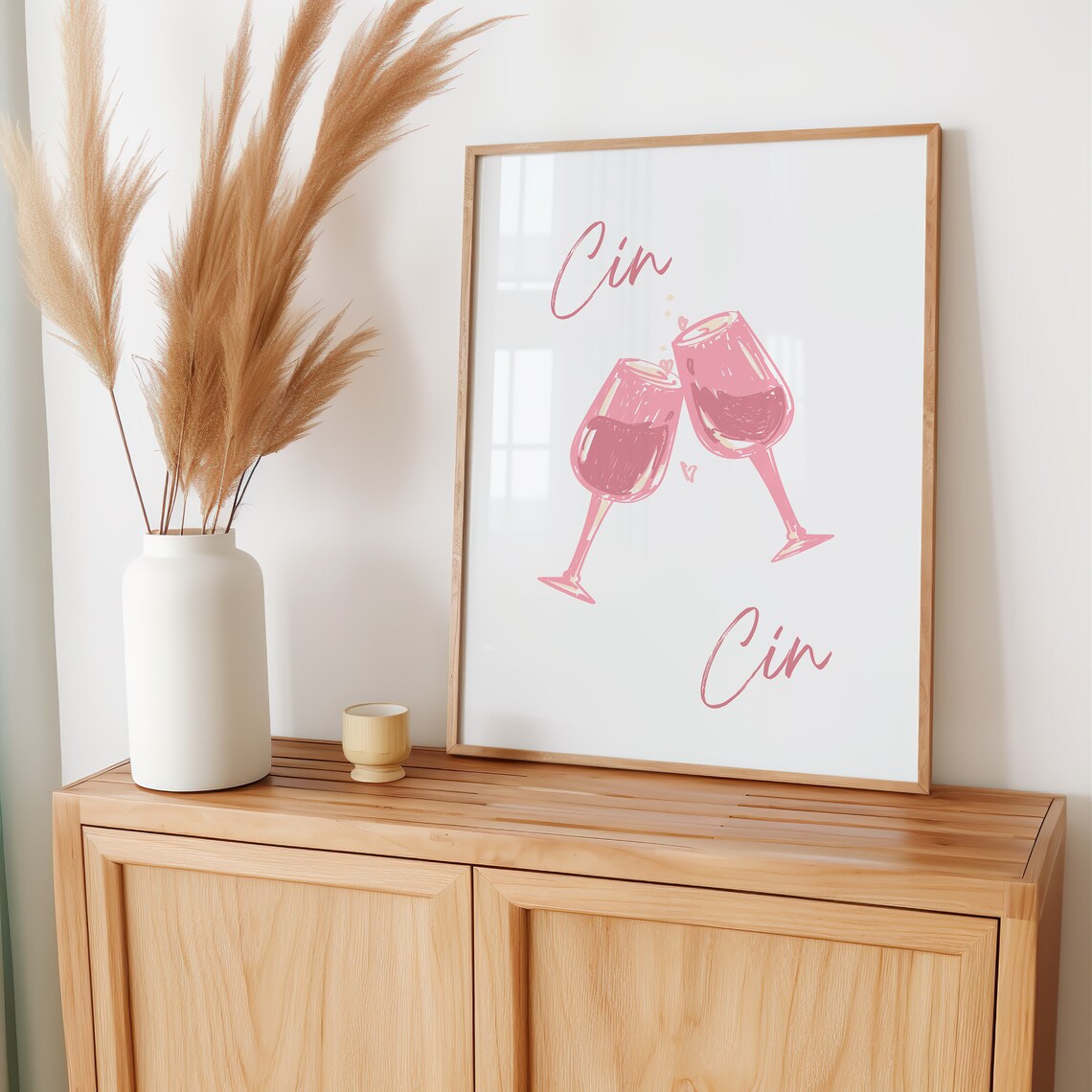 Cin Cin Pink Watercolor Wine Glasses Cheering With Heart Romantic Wall Art - Image 4
