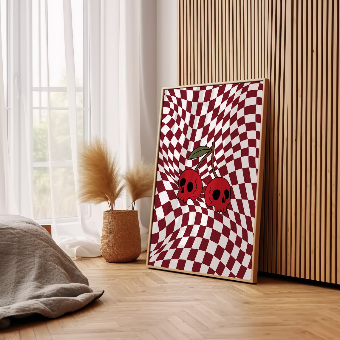 Cherry Skulls On Wavy Red Checkered Retro Gothic Cherry Illustration Poster - Image 3