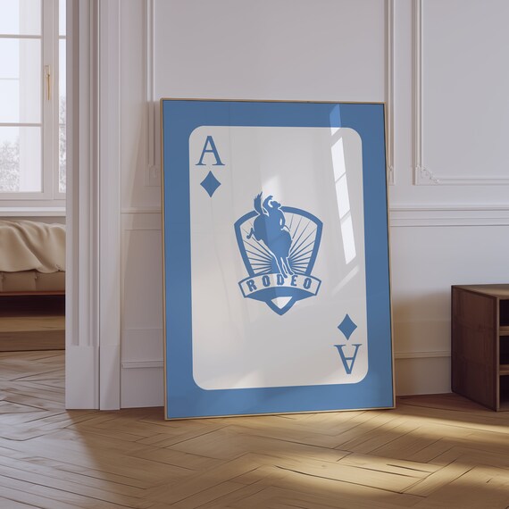 Rodeo Ace of Diamonds Playing Card Blue Western Bronco Rider Poster