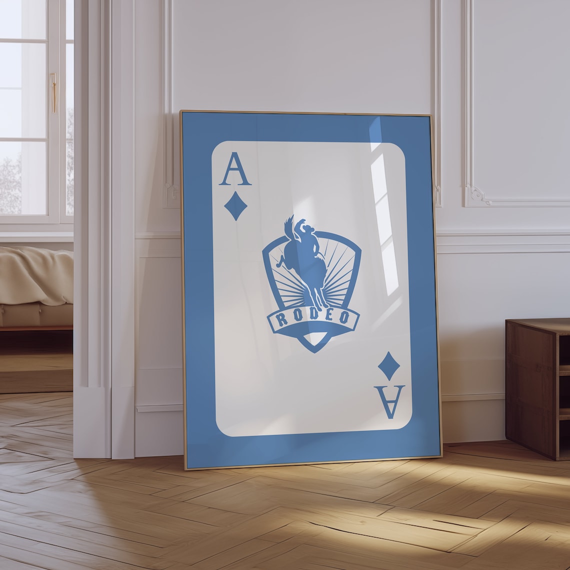 Rodeo Ace of Diamonds Playing Card Blue Western Bronco Rider Poster