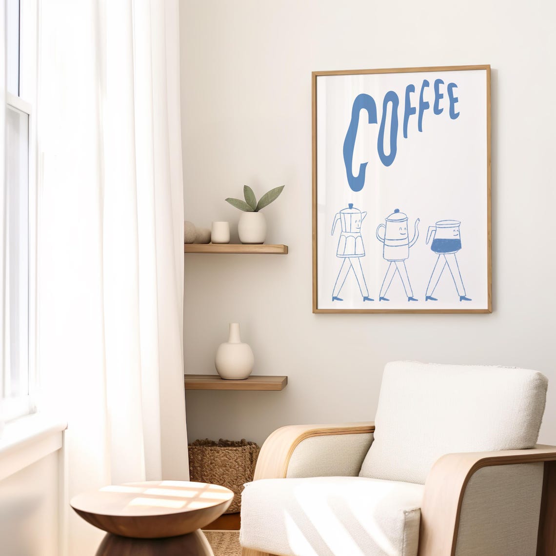 Coffee Walking Coffee Pots Cute Blue Line Art Kitchen Poster - Image 3