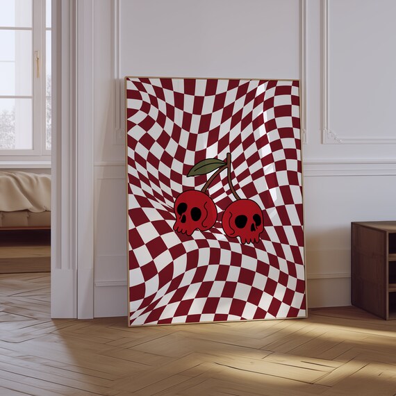 Cherry Skulls On Wavy Red Checkered Retro Gothic Cherry Illustration Poster