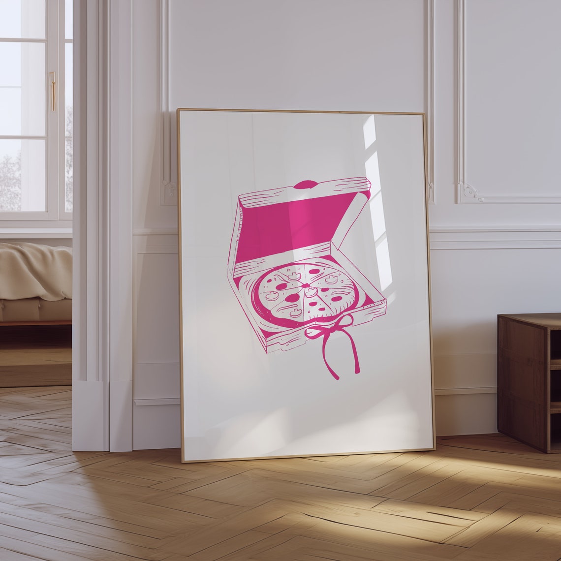 Pink Pizza Box Coquette Pepperoni Food Line Art Kitchen Poster