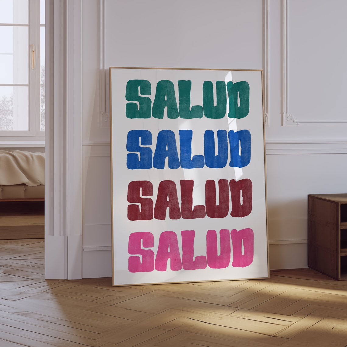 Salud Colorful Stacked Typography Toast Quote Bar Decor Wall Poster