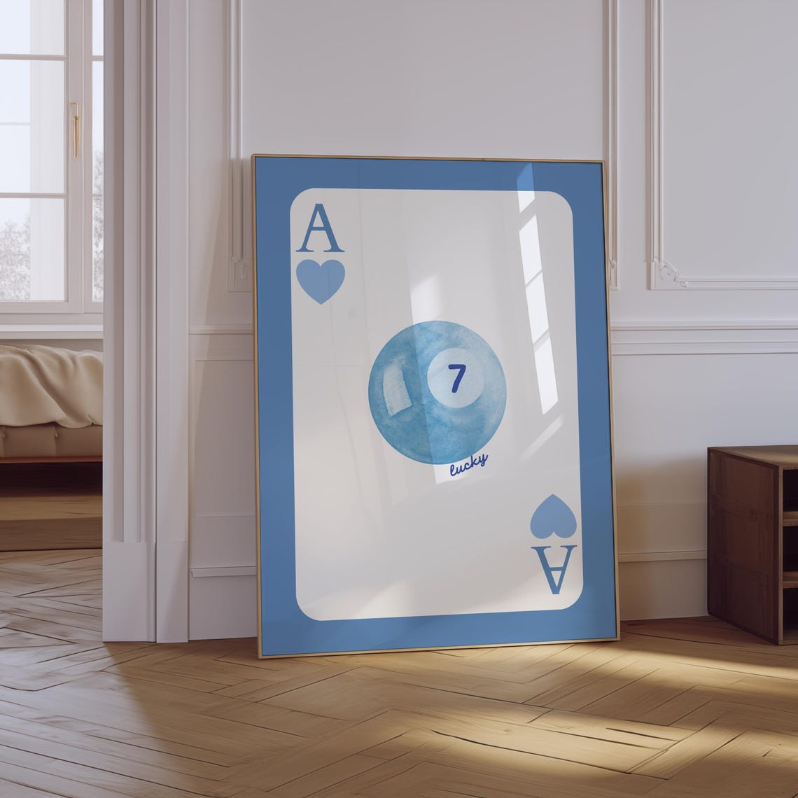 Vintage Pool Ball Print Lucky Ball Wall Art Blue Pool Ball Poster Trendy Bar Cart Art Prints Ace Of Heart Game Card Poster