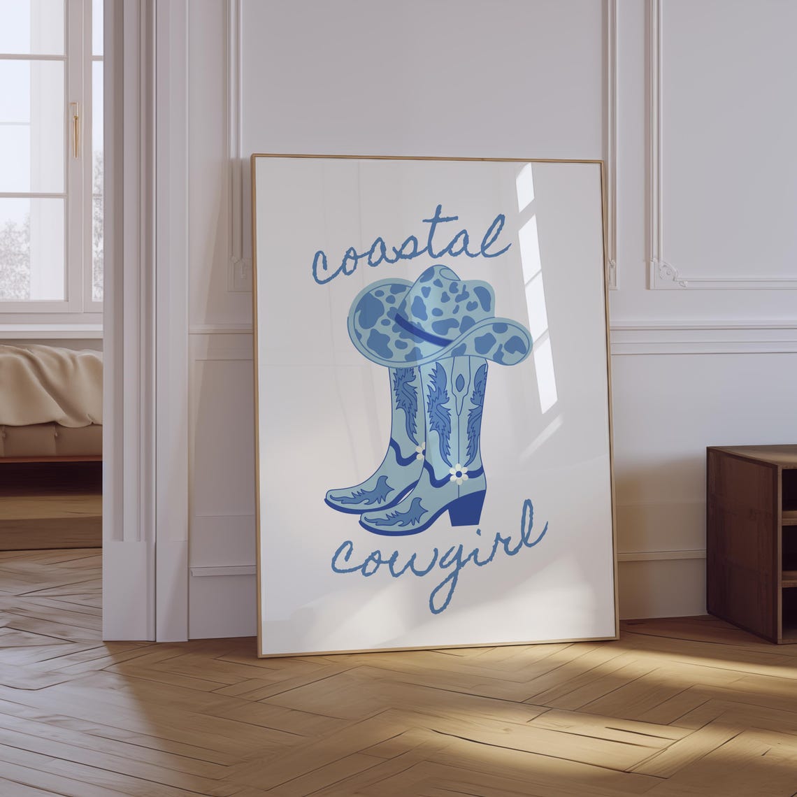 Coastal Cowgirl Print Cowgirl Boots Print Trendy Blue Apartment Decor Coastal Wall Art Cowgirl Hat Poster Aesthetic Beach Wall Art